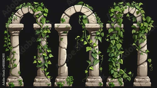 A modern cartoon set of 3d old architecture elements, portals with climbing plants, supported by stone columns.