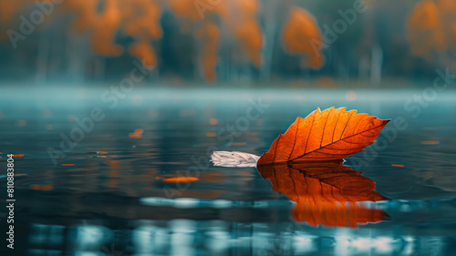 Autumn leaf floating on water surface. Autumn colors, defocused, blurred, bokeh background.