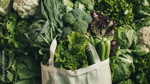 A textile reusable shopping bag full of fresh leafy greens and vegetables