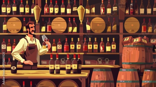 This cartoon banner depicts a sommelier in a wine shop with a wineglass in hand. Seller examines beverage in store with bottles and barrels of alcohol, Modern invitation flyers.
