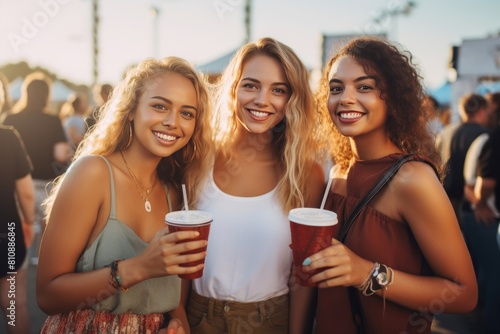 Three beautiful ladies enjoying a sunny day at the beach with refreshing drinks in their hands. Fictional Character Created By Generative AI. 