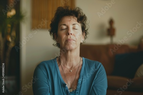 Middle aged woman meditating at home with eyes closed, relaxing body and mind in a living room