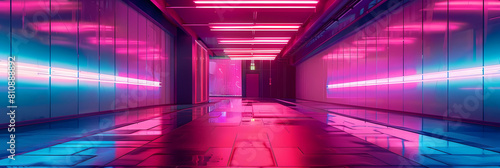 urban neon dreams come to life in this vibrant scene featuring a blue wall, red ceiling, and floor, with a striking red light adding a pop of color