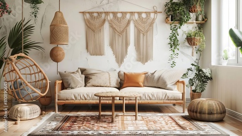 Bohochic living room with a rattan couch, macrame wall art, and hanging plants A vintage rug and neutral cushions create a calming energy