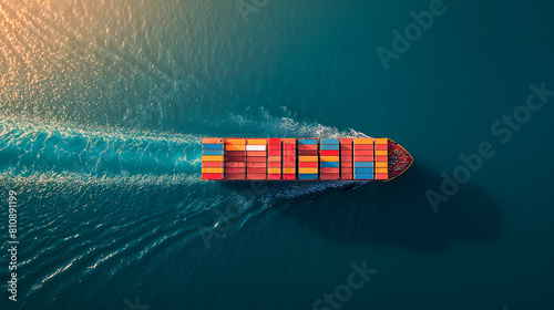 Aerial top view of container ship loading and unloading, Cargo container in deep seaport for the international order. Aerial view of cargo ships in containers sailing in the sea. 