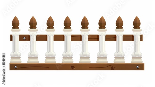 Decorative wooden fence, palisade, stockade, or balustrade with pickets. Brown and white banister or fencing sections with paling. Wood garden border balusters isolated, realistic 3D modern