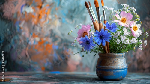still life with flowers and brush