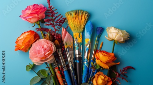 still life with flowers and brush