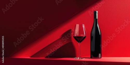 A bottle and glass of red wine on a red background. AIG51A.
