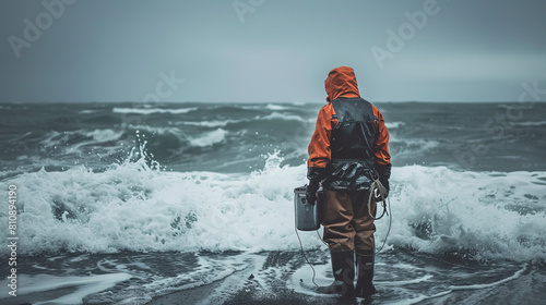 A photograph of an angler from Iceland, in harsh sea conditions, in rough gear, embodies his fortitude and determination.