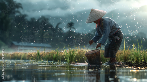 During the rainy season, a Japanese farmer, in traditional clothes, grows rice with love and care, preserving the spirit and culture of his country.