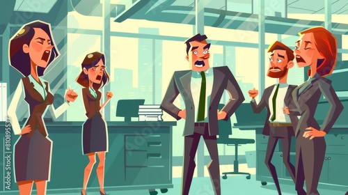 It's a stressful job and the boss is yelling at the employee, flat modern illustration set. Rude male and female characters yelling, criticizing, and firing upset employees because of their mistakes