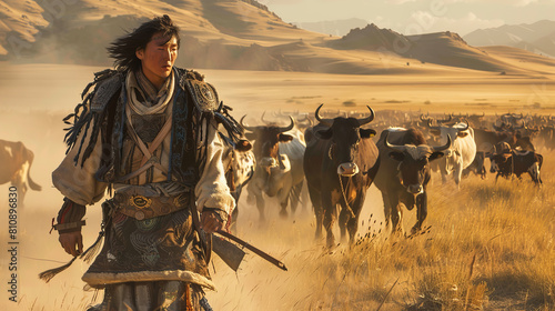 In the desert steppe, a Mongolian shepherd, in traditional clothes, pastures his flock with unsurpassed skill.