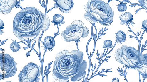 Floral seamless pattern with blooming ranunculus flow