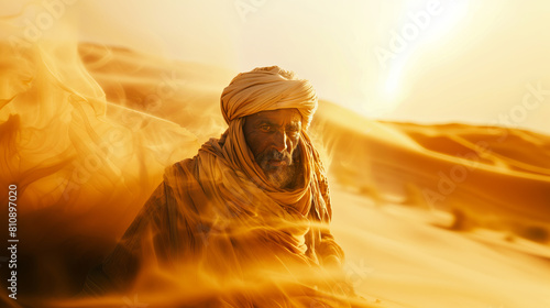 Under the bright desert sun, an Arab nomad works in traditional clothes, surrounded by sand dunes.