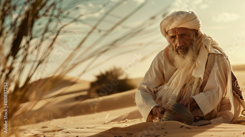 Among the desert landscapes, an Arab nomad dressed in traditional clothes works faithfully under the bright sun.