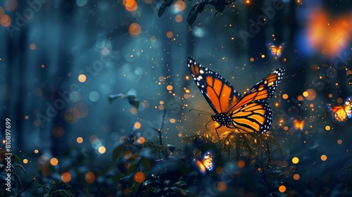 Abstract and magical image of Firefly and butterfly flying in the night forest. Fairy tale concept.
