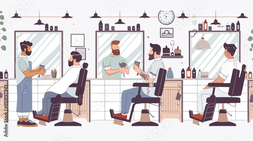 Four of barbers making haircuts for men in modern bar