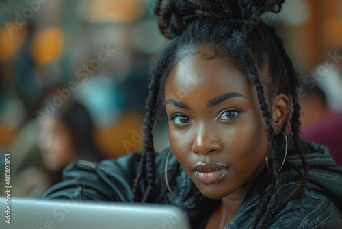 An attractive woman with braided hair using a laptop, with a calm expression and urban backdrop