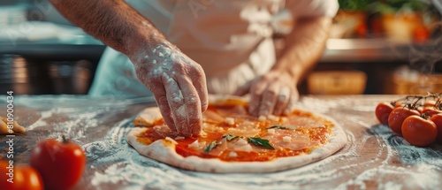 A professional chef prepares pizza in a restaurant, tenderly kneading dough, adding ingredients, and sauces, following a traditional family recipe. Delicious, organic Italian food served in an
