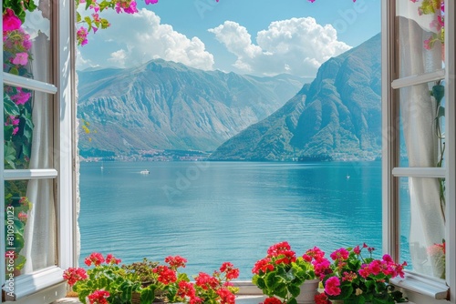 open window with lake and mountains view with flowers on windowsill