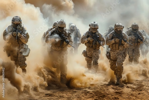 Vivid imagery displaying a troop of soldiers navigating through a sandstorm in desert conditions during a mission