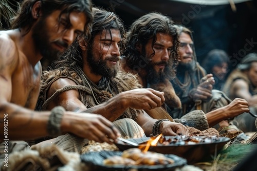 A group of men dressed in primitive, historical clothing share a meal around a fire, representing an ancient communal lifestyle