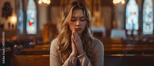 Christian woman folds hands in prayer, seeking guidance from her spirituality and faith in God. Spirit of Christianity and belief in God's goodness.