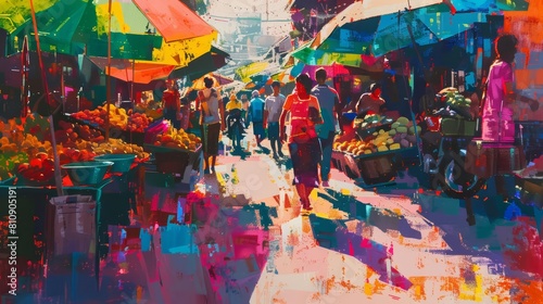 A vibrant street market in Southeast Asia, captured with bold colors and abstract shapes, with a margin on the left for descriptions