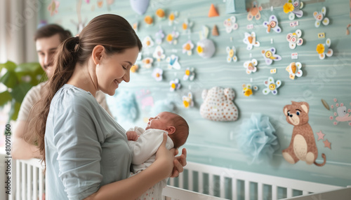 of a mother holding her newborn in her arms, with the father placing decorative stickers on the nursery wall, creating a playful and loving environment, Parents, Family, Mother, Ne