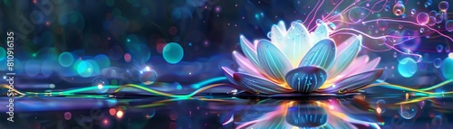 A delicate lotus flower glows in rainbow hues on a calm pond, symbolizing enlightenment and inner peace, surrounded by neon threads of light