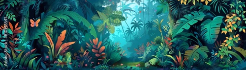 A vibrant illustration of a tropical jungle teeming with exotic wildlife and lush vegetation