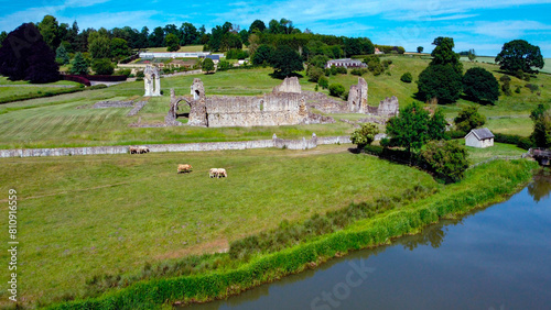Aerial view of the ruins of Kirkham Priory, situated on the banks of the River Derwent at Kirkham, North Yorkshire, England. The Augustinian priory was founded in the 1120. 