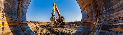 An excavator digging soil framed within a large pipe, dynamic wideangle perspective under clear blue skies