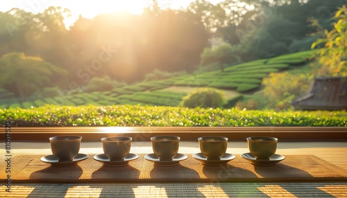 Traditional teahouse veranda overlooking lush tea fields, ceramic cups arranged neatly on a tatami mat, soft morning light filtering through the shoji, eyelevel view