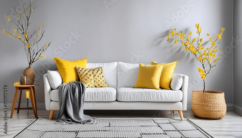 White sofa with yellow pillows and grey plaid. Wicker pot with branch and side table near grey wall with copy space. Scandinavian interior design of modern living room, home.