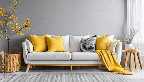 White sofa with yellow pillows and grey plaid. Wicker pot with branch and side table near grey wall with copy space. Scandinavian interior design of modern living room, home.