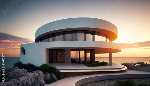 Modern minimalist round and curved shaped luxury house. Villa with terrace on sea 