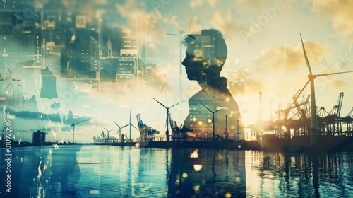 The image shows a person standing in front of a harbor with a city in the background. The person is looking out at the harbor. The image is a double exposure with the person and the harbor superimpose