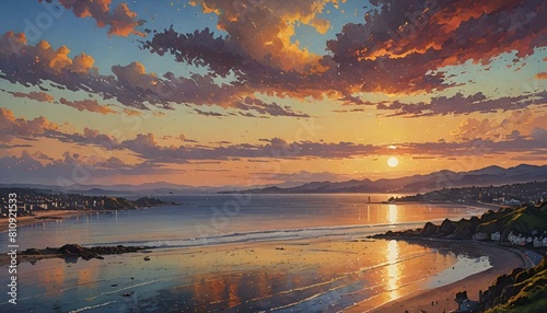 AI generated illustration of a scenic sunset view over the sea and bay from a hilltop