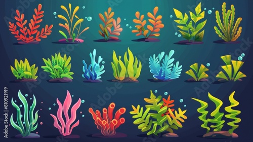 Underwater ocean plants and aquarium plants with colorful leaves. Wildlife natural seabed flora - marine algae and oceania corals.