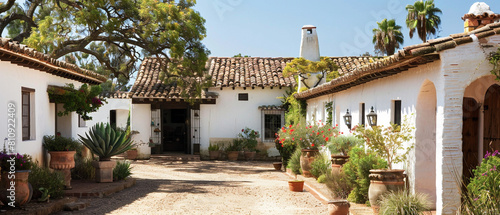 Traditional Spanish hacienda with terra cotta roofs, whitewashed walls, and lush greenery in courtyard.