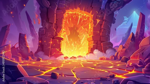 There is a magic stone portal inside a volcano with lava flowing between rocky walls. Modern cartoon illustration of hot orange substances flowing between rocky walls, burning magma flowing around a