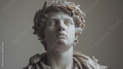 Ancient Greek statue of an ancient Roman senator in marble. Ancient roman Emperor statue in stone isolated on simple background. Ancient Greek architecture