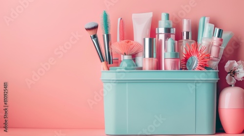 beauty routine concept banner with various beauty tools and skincare products in a pastel pink background for your skincare toolbox