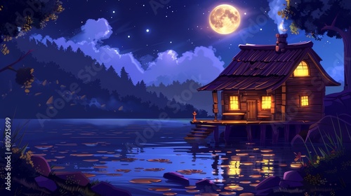 House on stilt at night near lake modern game background. Moon and stars above water and wooden hut. Vacation wooden shack near forest with porch, chimney, door and glow window.