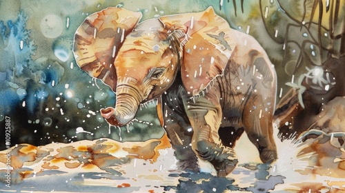 A baby elephant is splashing in a river. The painting captures the playful and joyful nature of the elephant as it enjoys the water