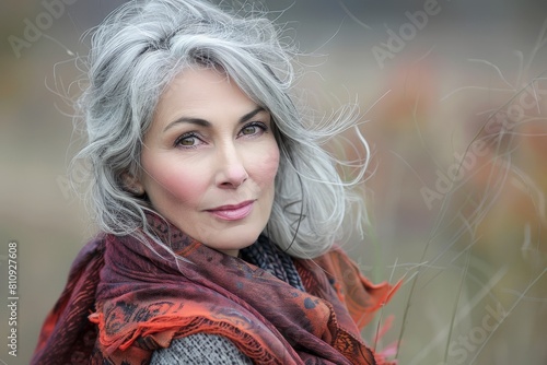 Portrait of a beautiful middle-aged woman with short gray hair in an orange jacket on the street.. Beautiful simple AI generated image in 4K, unique.
