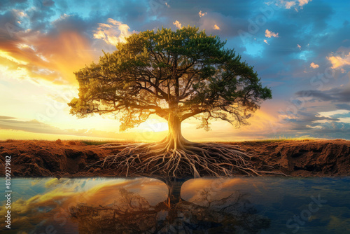 a tree with deep roots firmly planted in the ground, reaching upward with branches stretching towards the sky, representing the stoic principle of being grounded in one's values