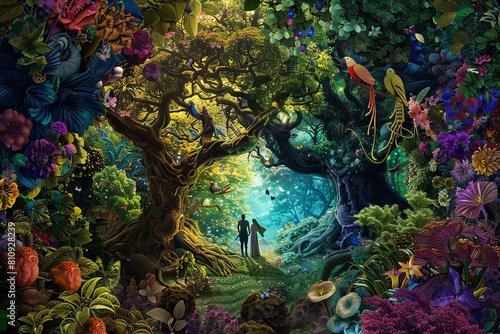 Bring Ancestral Sin to life! Show Adam and Eve facing God in a lush Paradise garden Illustrate details of the Tree of Knowledge with rich, vibrant colors and intricate textures